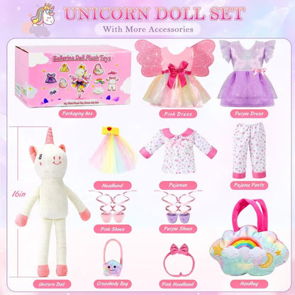 HUITEM Unicorn Toys for Girls Age 4-6, Ballerina Doll Stuffed Animal with 3 Set Clothes, Plush Bag, Accessories, 16 inch Unicorn Doll Toys Birthday Gift for 3 4 5 6 Year Old Little Girls