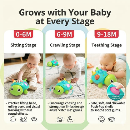 SOSUSHOE 3-in-1 Musical Crawling Turtle Baby Toy - Tummy Time Toy with Smart Obstacle Avoidance, Push-and-Pop Sensory Shell & Sleep Soothing, Baby Infant Toys for 0-12 Months