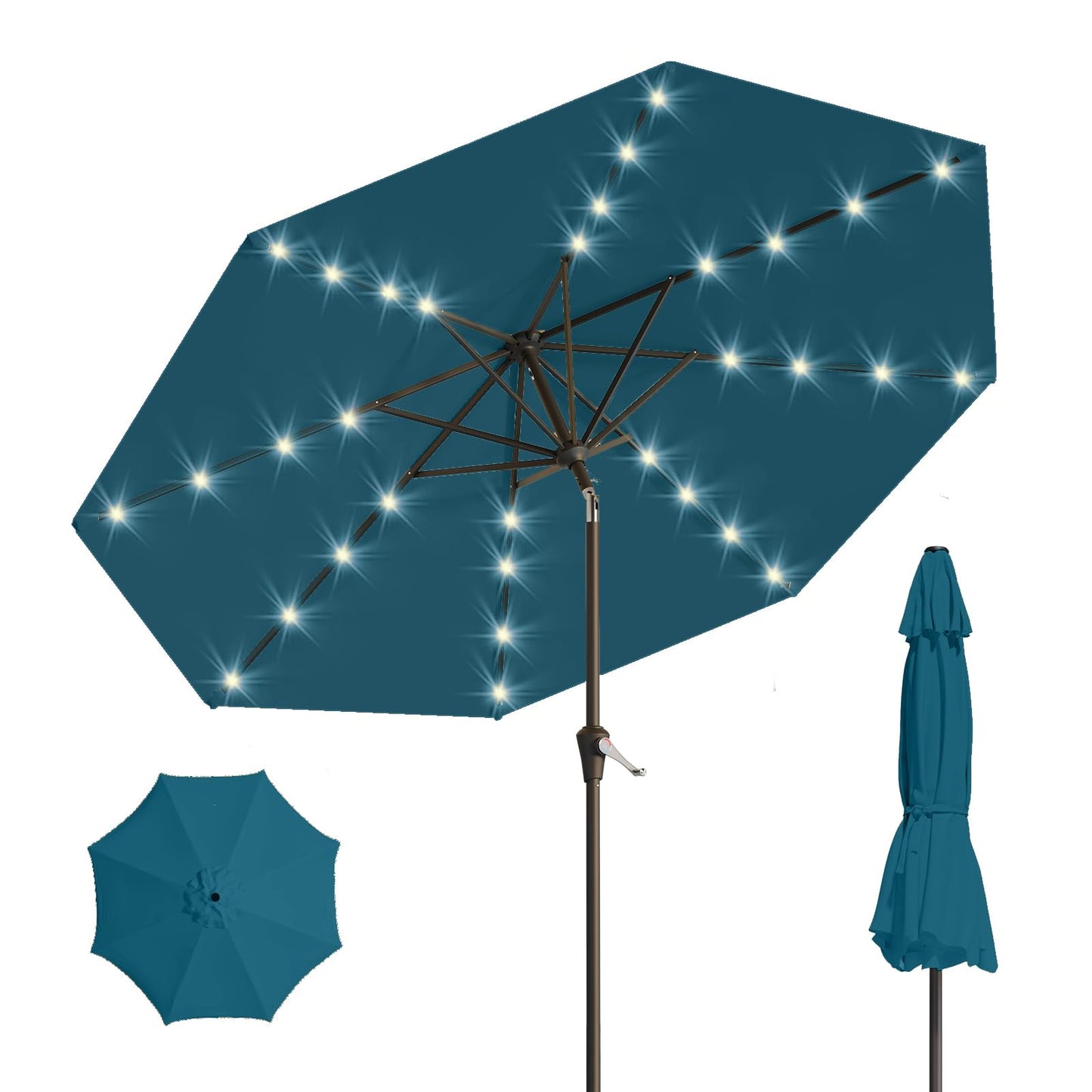 Patio Kingdom 9FT Solar Umbrella 32 LED Lighted Patio Umbrella Table Market Umbrella w/Tilt and Crank, UV-Resistant Outdoor Umbrella for Pool, Garden, Deck, Lake Blue