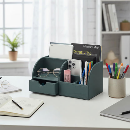UnionBasic Desk Organizer - Multifunctional Leather Desktop Pen Holder Storage Box - Business Card/Pen/Pencil/Mobile Phone/Stationery Holder, Dark Ivy