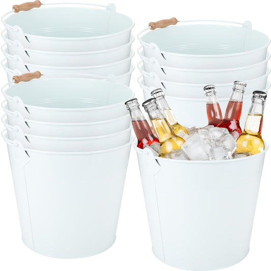 Didaey 12 Pcs Large Galvanized Metal Buckets with Handle 10 Inch Heavy Duty Stainless Steel Pails Round Pail for Party Wedding, Crafts, Utensils, Table Centerpieces (White)