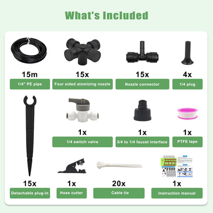 50FT Drip Irrigation System Kit Automatic Garden Watering System with 1/4" Drip Tubing & Quick Connect Fittings Adjustable Mist and Linear Columnar Modes for Greenhouse, Raised Garden Beds, Lawn, Yard