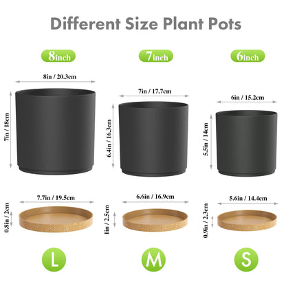 Meowell 8/7/6 inch Flower Pots, 3 Pack Cylinder Plant Pots for Outdoor Indoor Plants, Decorative Plastic Planters with Drainage Holes and Saucers for Garden House Plants, Black with Brown