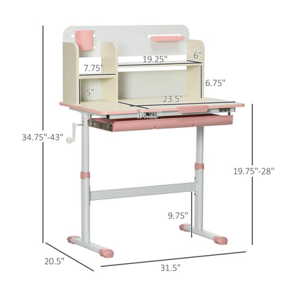 Qaba Wooden Kids Study Desk, Height Adjustable Children School Study Table, Student Writing Desk with Tilt Desktop, Drawer, Storage Shelf, Pen Holder, Pink