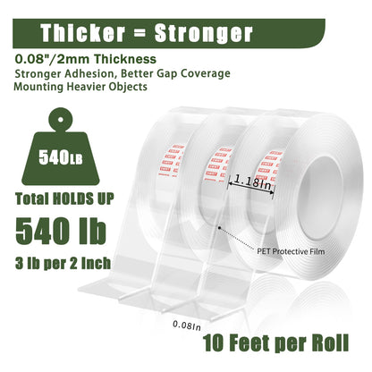 SWRT 3 Pack 1.18 Inch x 10 FT 0.08 Inch Thick Double Sided Heavy Duty Tape, Strong Adhesive Nano Tape, Reusable Mounting Tape, Multipurpose for Home, Office, and DIY Projects