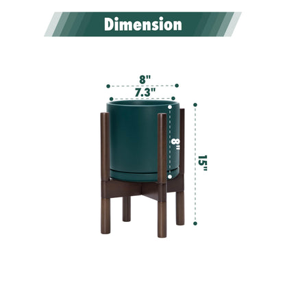 D'vine Dev Ceramic Planter with Walnut Color Stand - 8 Inch Modern Round Flower Pot with Wood Planter Holder, Teal, 55-B-Y-4
