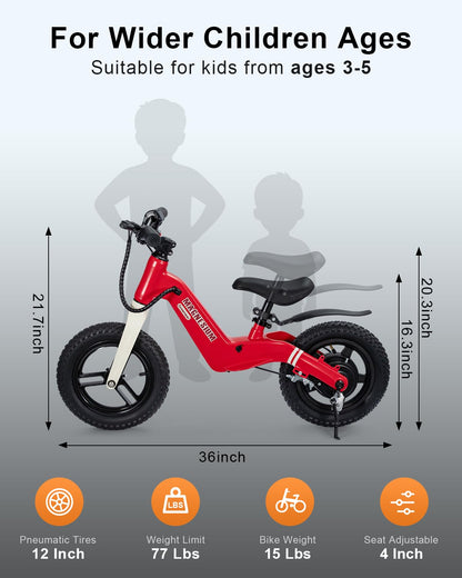 GROWNEER Electric Balance Bike for Kids 3-5 Year Old Boys Girls, 12 Inch Pneumatic Tires, 3 Speed Settings (3.1/6.2/9.3 mph), Light-up Front Tire & Adjustable Seat, 9.3 Mile Range, Red