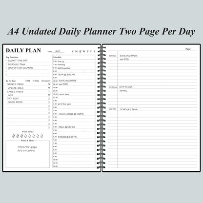 Daily Planner Undated - A4 To Do List Notebook Hourly Schedules, Spiral Appointment Planner for Women and Men,PVC Hardcover, Inner Pocket, Elastic Closure, 8.5" x 11", Black