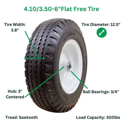 Marathon 4.10/3.50-6" Flat Free, Hand Truck / All Purpose Utility Tire on Wheel, 3" Centered Hub, 3/4" Bearings