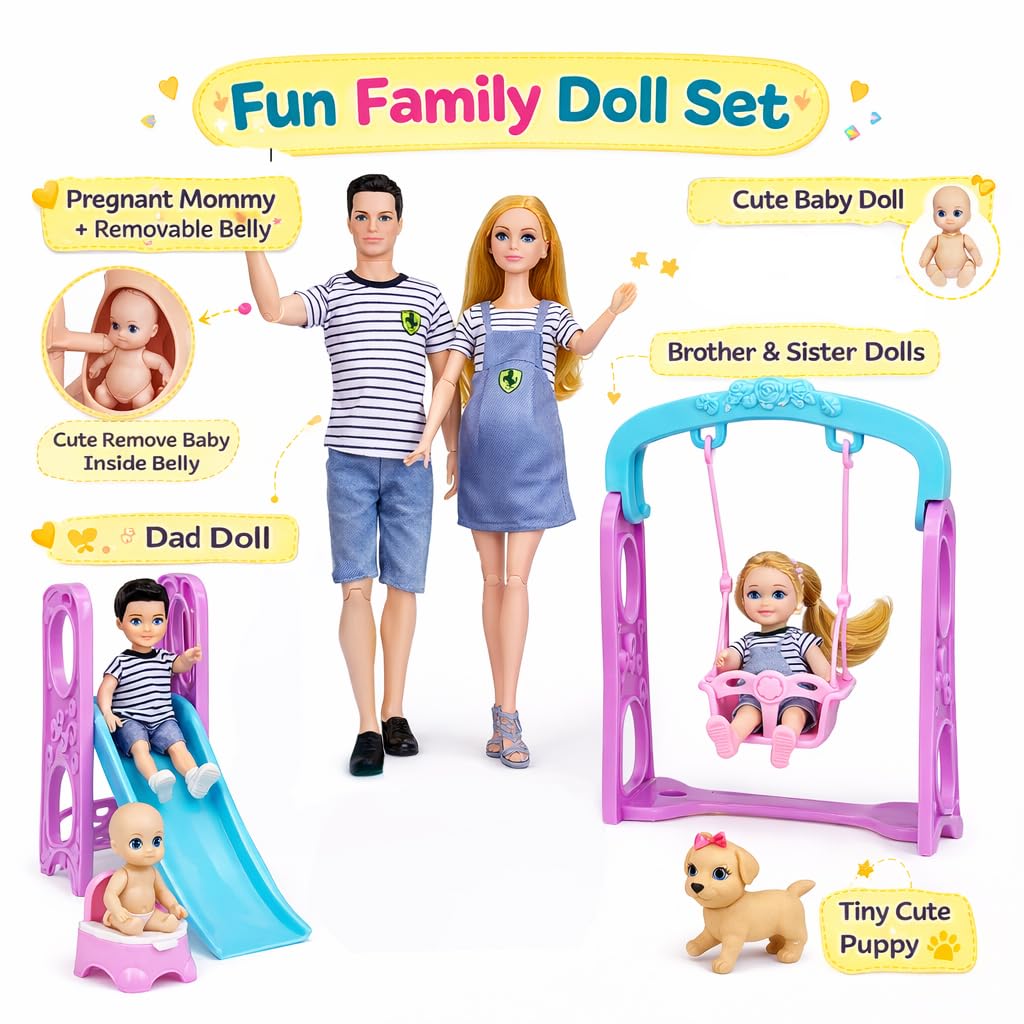 Familydolls Pregnant Dolls Set of 6 People with Removable Baby, 12 Inch Realistic Mommy Doll Set for Kids, Educational Pregnancy Doll Toy, Role Play Gift for Girls Ages 3+