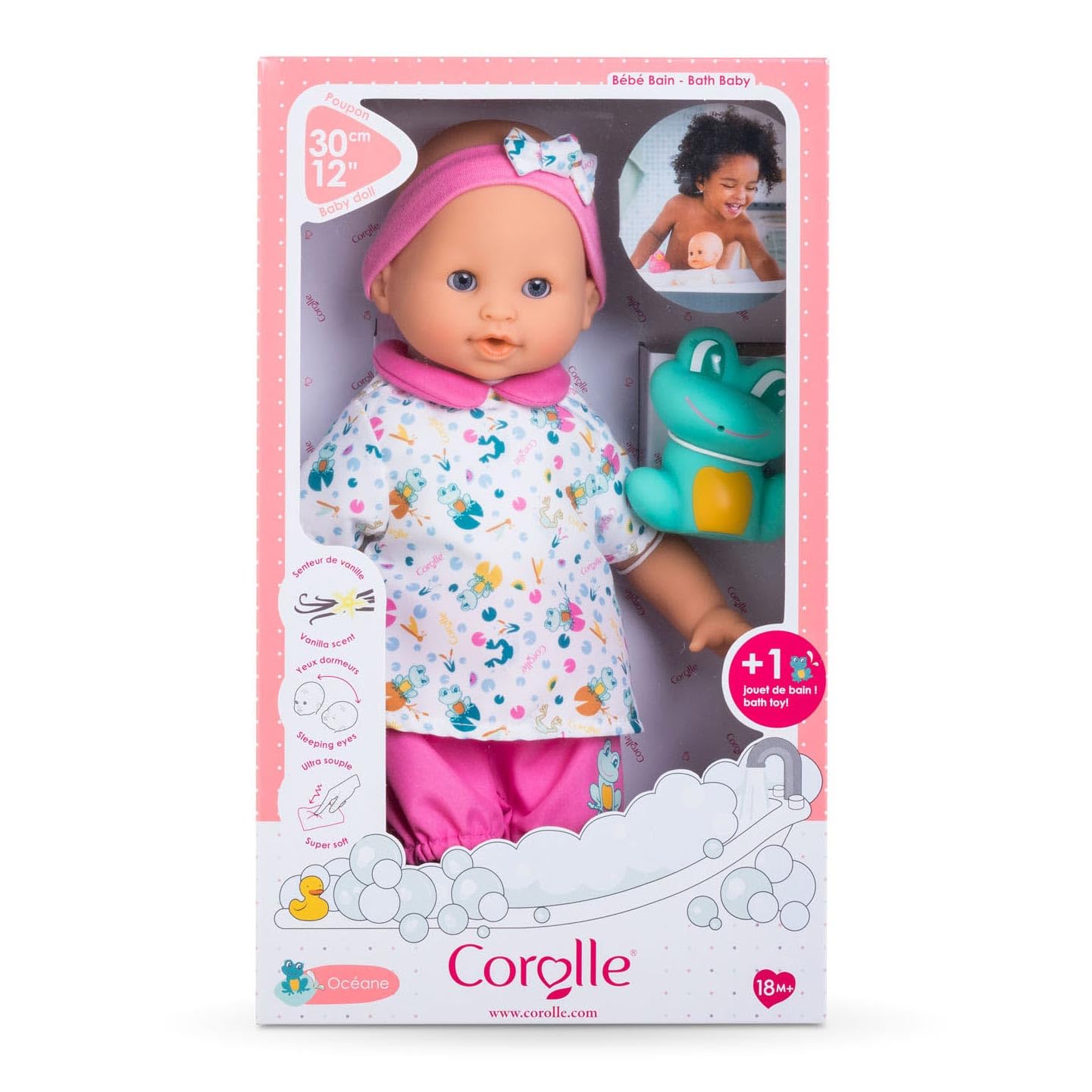 Corolle Bébé Bath Oceane 12” Girl Baby Doll with Rubber Frog Toy, Safe for Water Play in The Bathtub or Pool, Soft Body with Vanilla Scent, for Kids Ages 18 Months and up