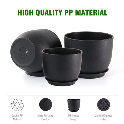 WSMKSZ 10/9/8 inch Medium Plant Pots, 3 Pack Modern Decorative Plastic Planters with Drainage Holes and Saucers, Flower Pots for Indoor Outdoor Plants, Black