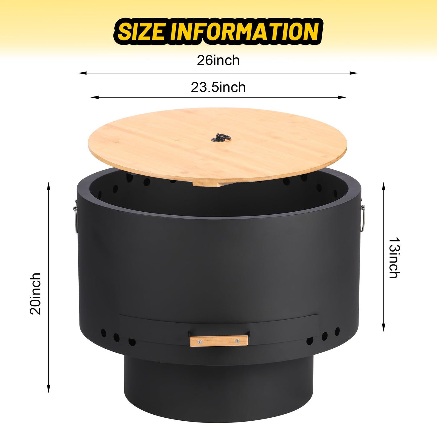 GarveeLife 26 in Smokeless Fire Pit with Removable Ash Pan, Wood Burning Firepit Table with Lid&Fire Poker,Smokeless Outdoor Fireplace with Dust Bag, Outdoor Fire Pits for BBQ, Table, Bonfire, Camping