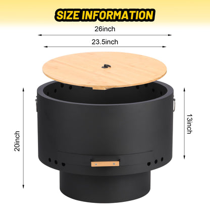 GarveeLife 26 in Smokeless Fire Pit with Removable Ash Pan, Wood Burning Firepit Table with Lid&Fire Poker,Smokeless Outdoor Fireplace with Dust Bag, Outdoor Fire Pits for BBQ, Table, Bonfire, Camping