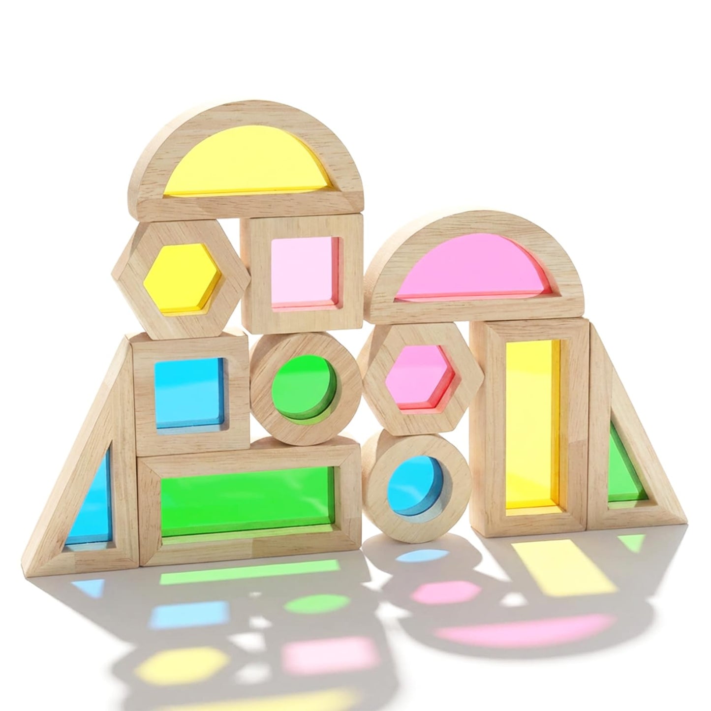 WOODENFUN Wood Building Blocks Set for Kids,Rainbow Stacker Stacking Game Construction Toys Set Preschool Colorful Learning Educational Toys, Geometry Wooden Blocks for Boys Girls