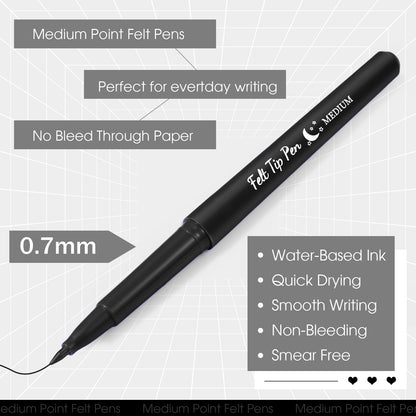 Fuyoooo 50 Pcs Felt Tip Pens Bulk Medium Point 0.7mm Marker Pen Fine Point Felt Fineliner Planner Marker for Journaling, Note Taking, Planner(Black)