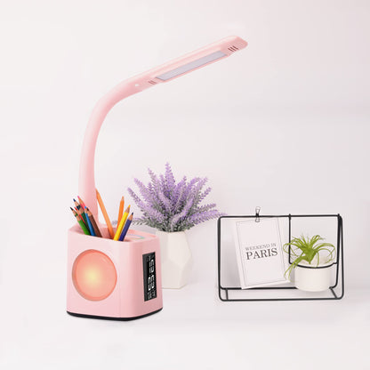 wanjiaone LED Desk Lamp with Clock,Color Changing Nightlight,Study Lamp with Pen Holder,Desk Light with USB Charger,Table Light for Home,Office,Bedroom,Gift for Kids,Students,Women,Pink