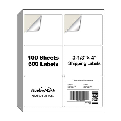 AveneMark 100 Sheets 600 Labels Shipping Address Labels, 6 up 3-1/3" x 4" Quick to Peel Stickers Paper for Laser & Inkjet Printers, Printable Mailing Labels Stickers (6 Labels per Page Sheet)