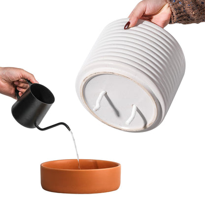Chubacoo Self Watering Plant Pot : 8 Inch Ceramic Planter with Drainage Hole & Water Storage Plus - Flowerpot for Indoor & Outdoor Plants (Cream White & Red-Brown)