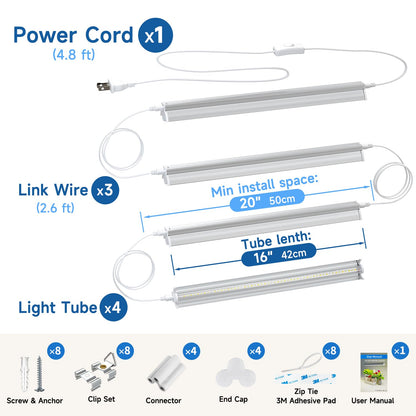 Plant Lights for Indoor Growing Seedlings - 16 in Long, 4-Count (10W x4) Full Spectrum T5 Grow Light Bars for Seed Starting, 4000K White LED Grow Lamp w/Reflectors for Shelf/Rack