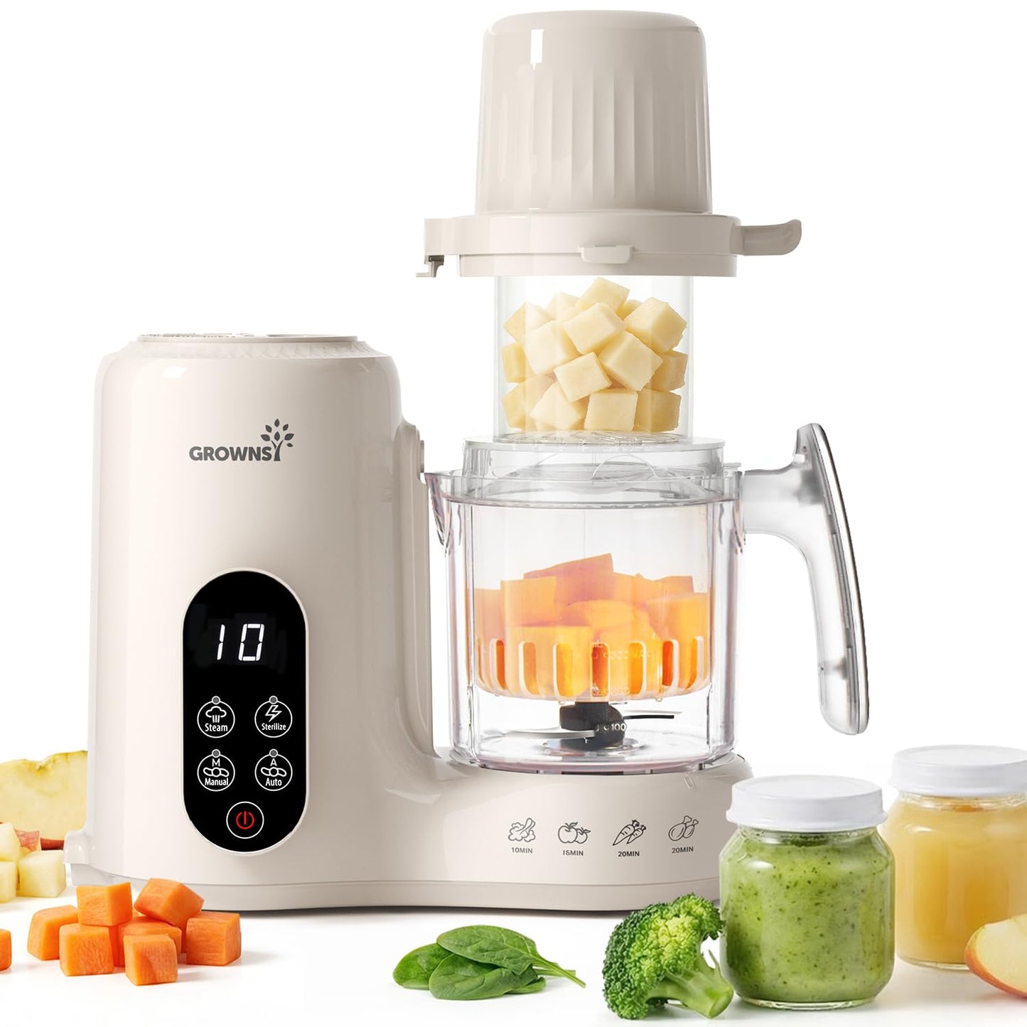 Grownsy Baby Food Maker with Dual-Layer Steam Basket | Baby Food Processor for Starting Solids & Babies 6+ Months | Steamer Blender & Puree Machine for Healthy Homemade Baby Food, BPA-Free,Cream