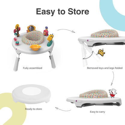 ORIBEL PortaPlay Convertible 3-in-1 Baby Activity Center & Play Table | Patented Bouncy Seat | Stable Foot Support | 5 Months+ | Development Focused Toys (Wonderland Adventure, Grey)
