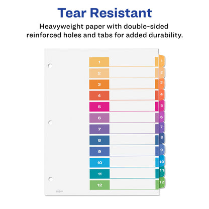 Avery 12 Tab Dividers for 3 Ring Binders, Customizable Table of Contents, Multicolor Tabs, 6 Sets (11196)