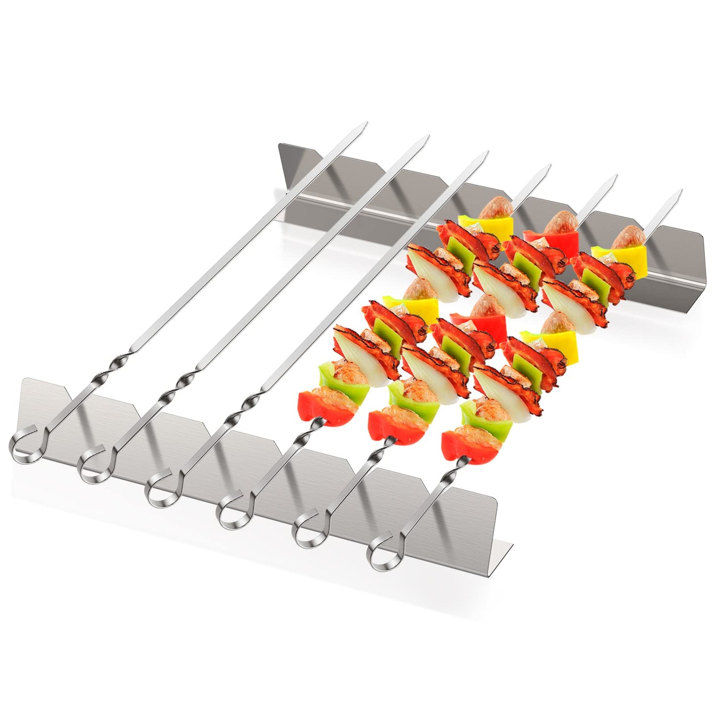 6 Pack Metal Skewers Grilling Stainless Steel BBQ Skewers Set, 6 Pack 40.5 cm / 16 Inch Metal Kebab Skewers with 2 × 30 cm Skewer Holders, Heavy Duty Flat Grill Skewers for Meat & Vegetables