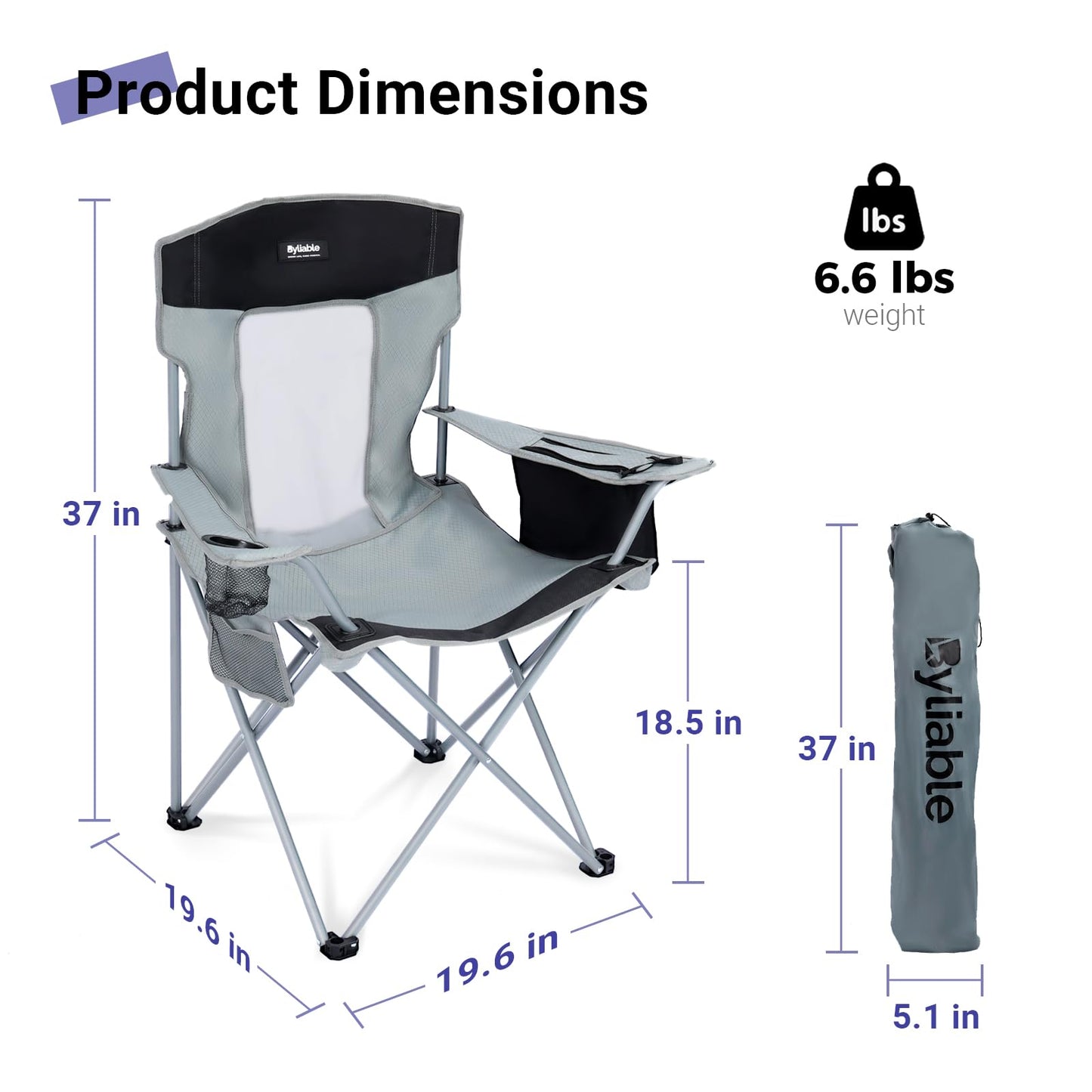 Byliable Camping Chairs Lawn Portable Foldable Camp Folding Lightweight Chair for Adults with Drink Holder and Cooler Pouch Outdoor for Camping, Lawn, Sports, Picnic, Music Festival, Gray Black