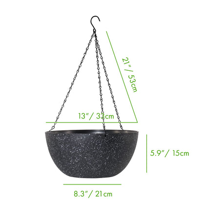 WOUSIWER 13 inch 2Pack Large Hanging Planters for Outdoor Indoor Plants with Drainage Holes and Chain, Round Hanging Flower Pots for Garden Home Porch Decor, Black Speckles