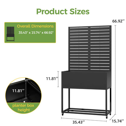 Diyfire Metal Planter Box with Trellis, 67"x35"x16"Metal Raised Garden Bed with Drainage Holes, Raised Garden Beds Outdoor, Privacy Planters Trellis for Climbing Plants, Patio,Garden, Wheels, Black