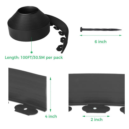 4-Inch x 100 FT Landscape Edging Border with 150 Stakes, Plastic Garden Edging Border Kit, Flexible No Dig Lawn Edging Border for Garden Flower Beds Yard Pathway Paver (Black)