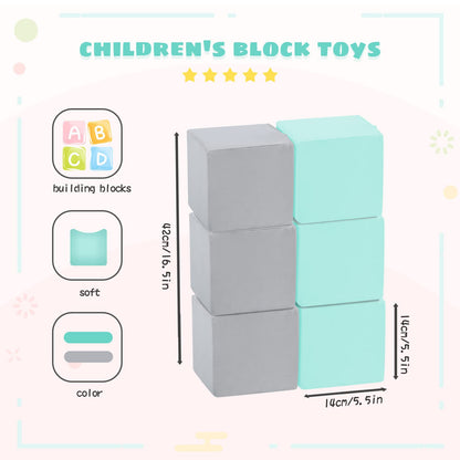TRENDBOX 6 Pcs Toddler Foam Blocks, 5.5inch Soft Foam Cubes with Detachable Washable Cover, Soft Play Blocks for Toddlers and Kids (Light Gray/Blue)