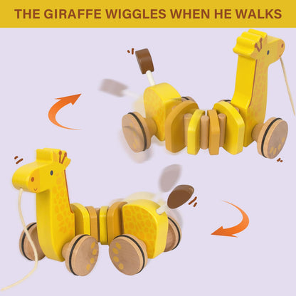 WoodenEdu Baby Toys Car,Wooden Pull Along Toddler Toy, Developmental Toy for 1 Year Old Girl Boy Birthday Gift (Giraffe)