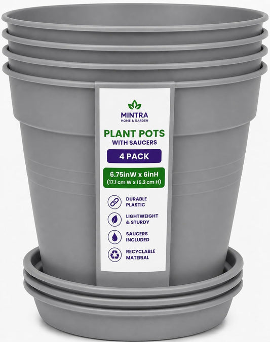 Mintra Garden Pots, 4 Pack Bulk Plastic Plant Pots with Drainage Tray, Round Indoor & Outdoor Decorative Planters with Drain Holes for Flowers, Herbs & Plants, 17cm Diameter – Grey, 6.6 in