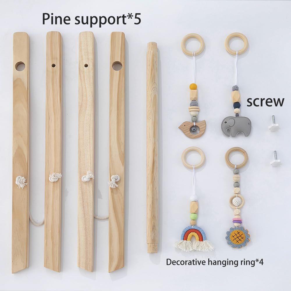 Toyking Wooden Baby Play Gym with Hanging Bar, 4 Gym Toys and Natural Pine Wood, Perfect for Infant Development