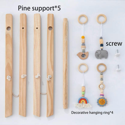 Toyking Wooden Baby Play Gym with Hanging Bar, 4 Gym Toys and Natural Pine Wood, Perfect for Infant Development