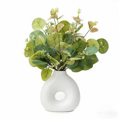 EZBOHO Artificial Plant in Ceramic Donut Vase 11.5” Faux Greenery Potted Branches Realistic Leaves Stems Modern Minimalist White Speckled Hollow Vase for Home Office Table Shelf Bathroom Decor