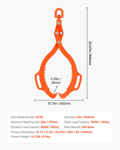 VEVOR Log Lifting Tongs 28in, 2 Serrated Claw Hook Log Tongs, Heavy Duty Steel Swivel Dragging Tongs, 1100LBS Log Grapple with Handles, Lumber Log Skidding Tongs for Tractors, Trucks, Forklifts, ATVs