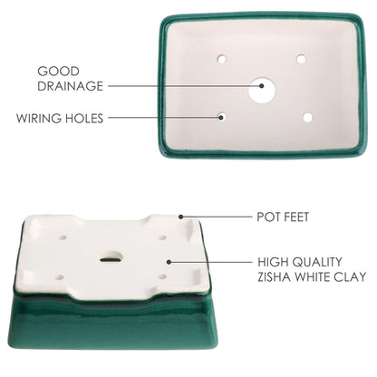 Set of 2 Zisha White Clay Bonsai Pot Glazed Shallow Succulent Planter Green