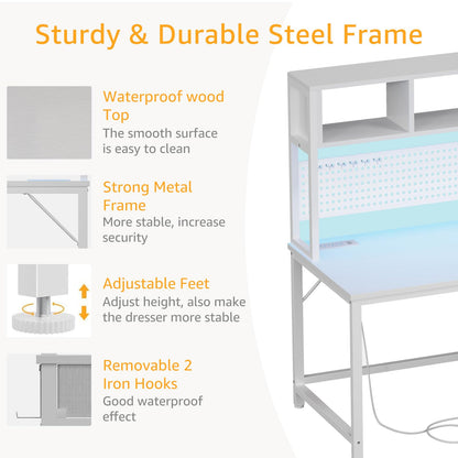 White Gaming Desk with Hutch and Pegboard - Computer Desk with Hutch, Power Outlet, 47 Inch Art Desk with Storage, Hooks, RGB and Side Bag, Writing Modern Study Teen Desks for Girl Bedroom Home Office