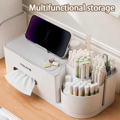 Aiabaleaft Multifunctional Organizer Rotating Brush Holder Makeup Organizer With Tissue Box for Study Table Living Room Dressers Home Office (White)