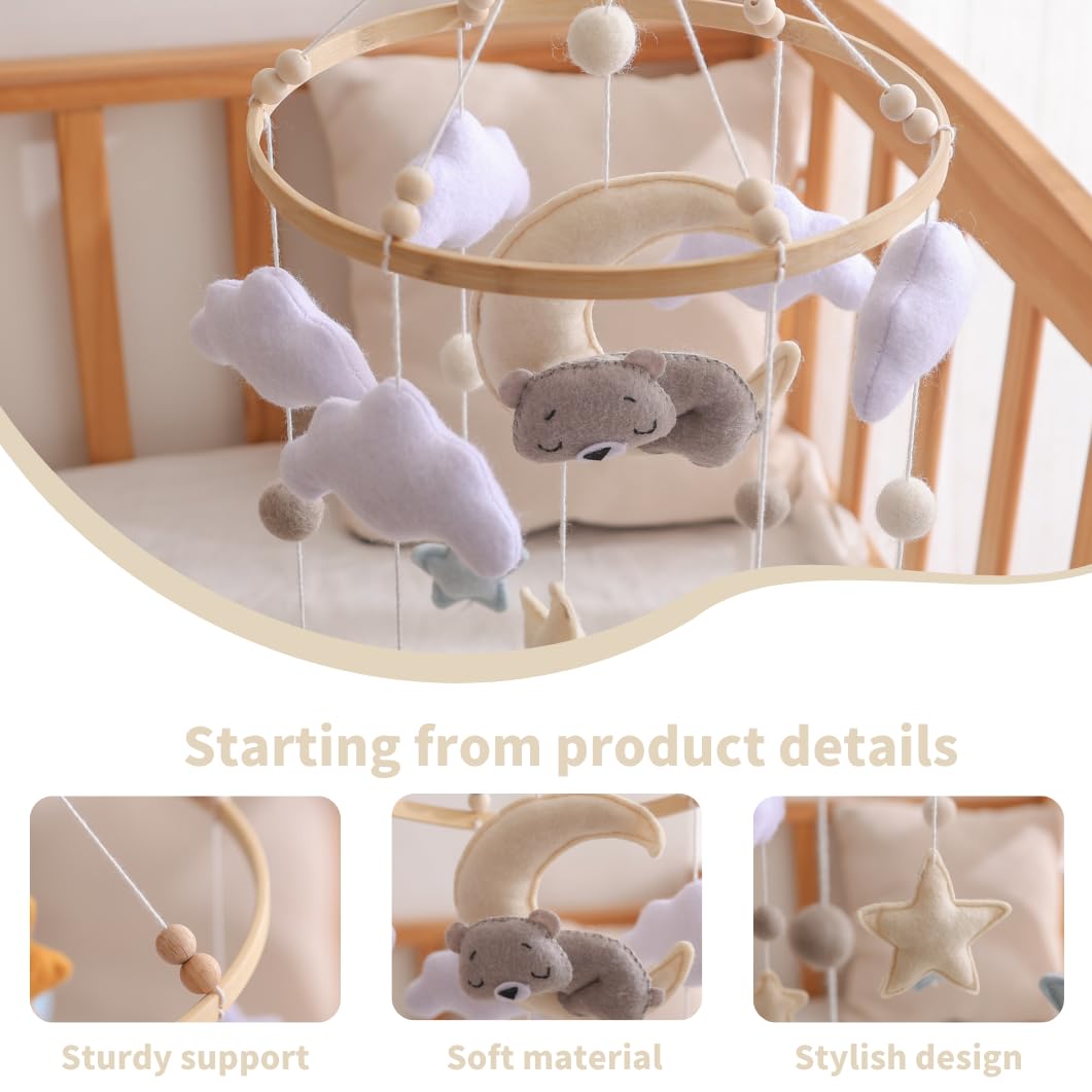 GOODMOM Baby Crib Mobile for Boys Girls Sleeping Bear Mobile for Crib, Baby Bassinet Mobile Toy for Soothing Sleep Gender Neutral Nursery Mobile - Sun, Moon, Cloud, Bear(Gery)