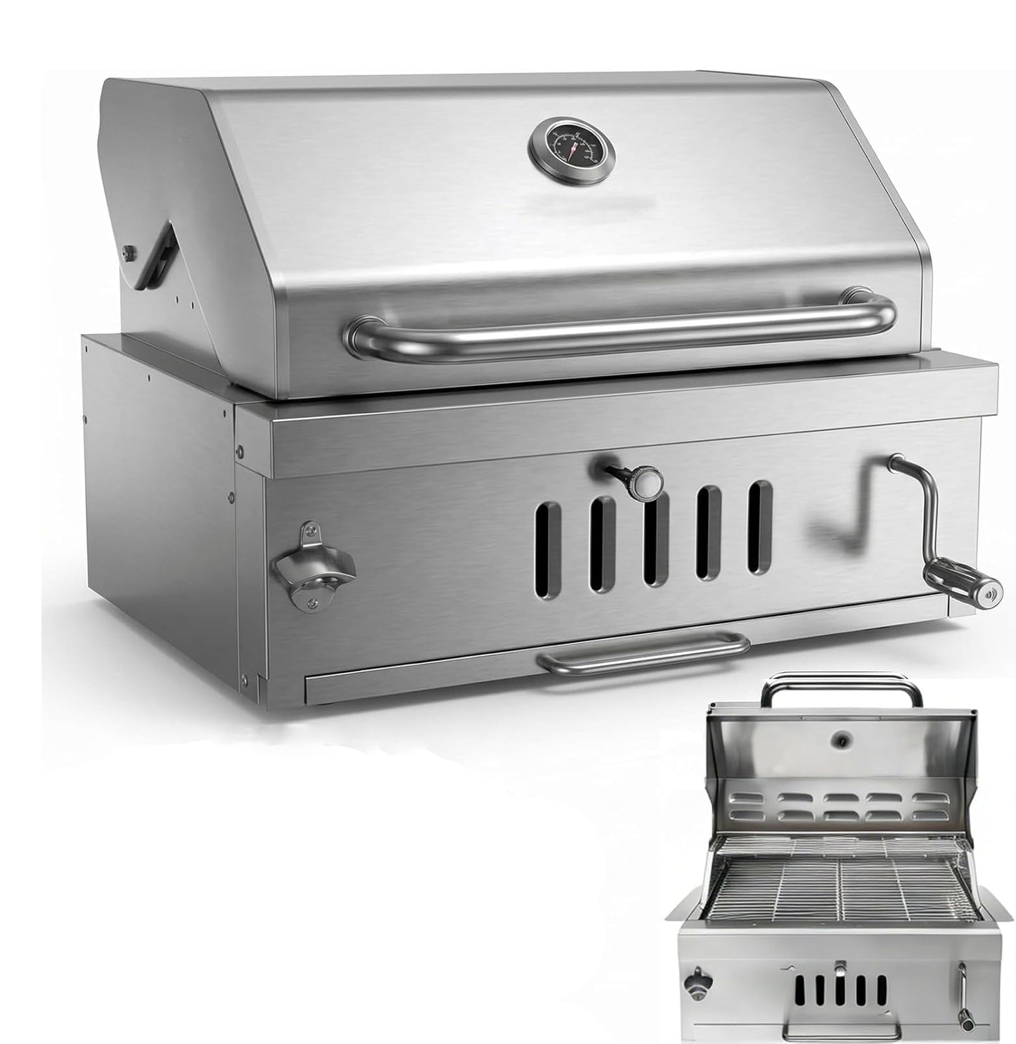 Large Charcoal BBQ Grills, Built in Barbecue Grill with Liftable Tray, Insulated Hood & Temp Gauge, Silver Stainless Steel BBQ Barrel Grill for Outdoor Kitchen Cooking Family Parties Patio Park Style