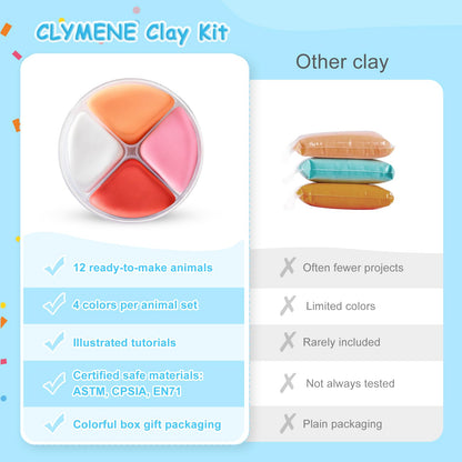 CLYMENE Air Dry Clay Kit for Kids, 12 Animals Modeling Clay with Tools & Tutorials, Arts and Crafts Creative Toys for Boys and Girls Ages 3+
