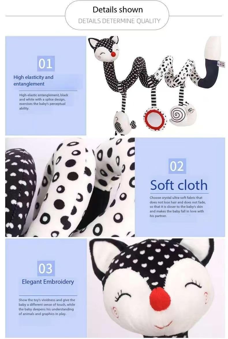 GZYFUVALW Car Seat Toys for Babies 0-6 Months, Baby Sensory Interaction Cartoon Toys with Bells_Black and White High Contrast Baby Toy Hanging or Wrapping Around The Infant Bed or Strollea03 ﻿