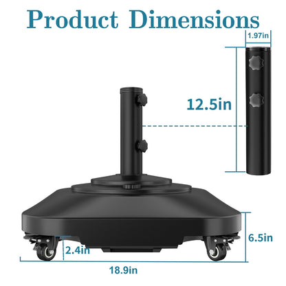 Umbrella Base, Heavy Duty Patio Umbrella Stand with 5 Wheels, Max 100lb Fillable Mobile Outdoor Base, Pole Holder 2 Knobs, UV Resistant and Windproof Design for Patio, Deck, Poolside, Lawn(19 in)