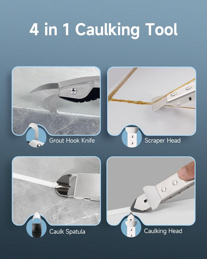 EVOHONOUR Silicone Caulking Tool Kit, Stainless Steel Caulk Remover Tool, 4 in 1 Grout Removal Tool with Comfortable Grip