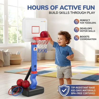 BRAGZO Toddler Basketball Hoop with Ring Toss Game, 2-in-1 Adjustable (2.5–5.5 Ft) Indoor & Outdoor Kids Basketball Set with Mini Balls, Rings, Pump & Stable Base Sports Toy for Boy & Girl Age 1-5