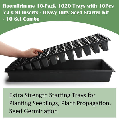 RooTrimmer 10 Pack 1020 Trays No Holes and 10 Pack 72 Cell Seed Starter Tray, 20" x 10" - Heavy Duty Reusable Plastic Seed Starter Kit for Microgreens, Seed Germination & Plant Propagation (10 Sets)
